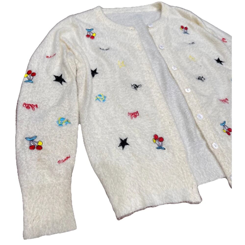 Cashmere&Wool White,Cardigan Sweater, Wmn SzS,embroidery,cottageCore Fuzzy Grany
